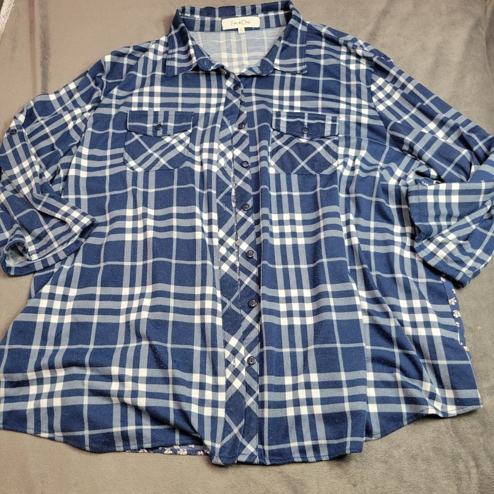 Eden Olivia Shirt Womens Plus Size 2X Blue Plaid Floral Button Front Multi Media